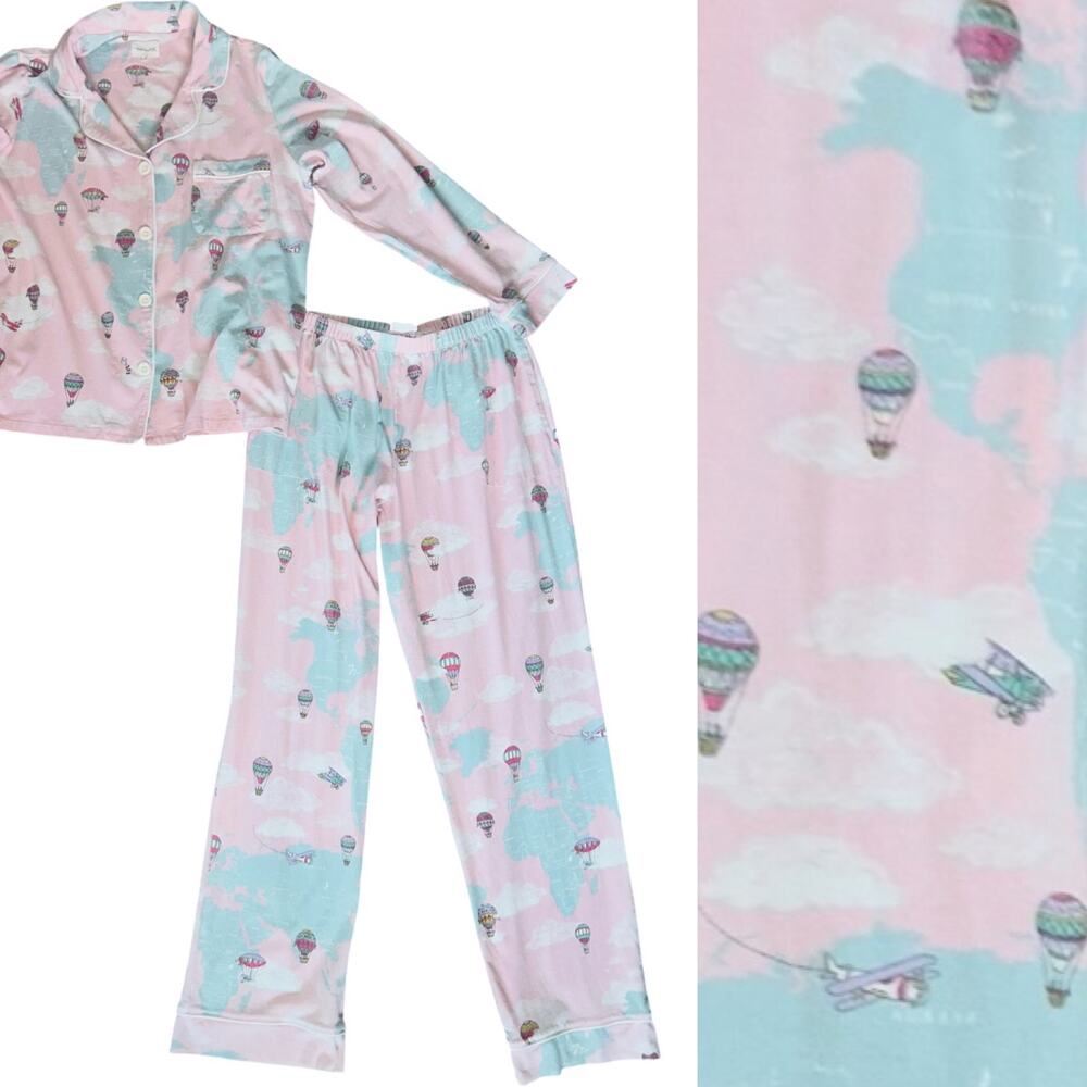 EUC Bedhead Hot Air Balloon Pink Blue Stretch Jersey Classic Pajama Set Medium